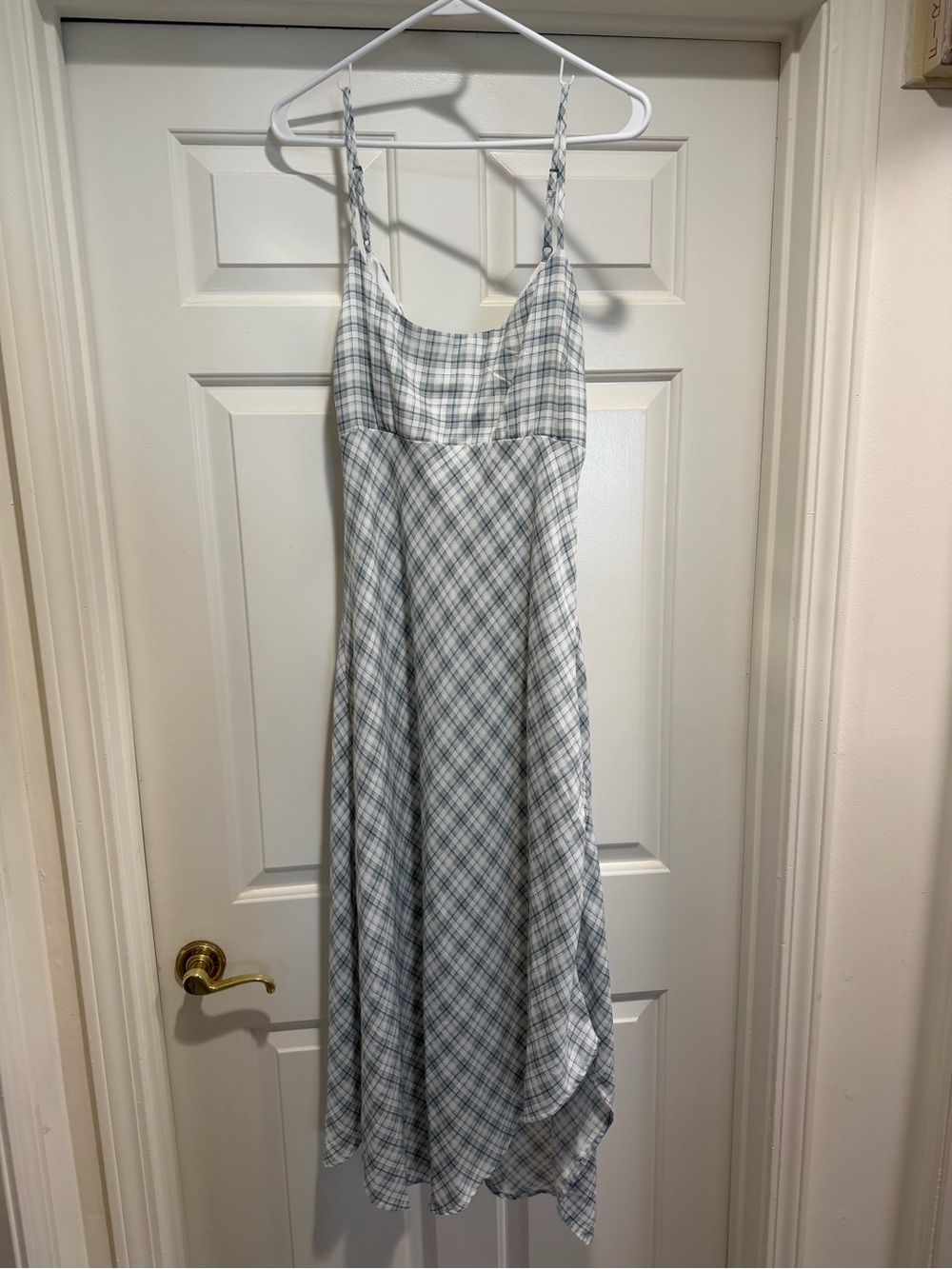 Hollister Light Blue and White Plaid Spaghetti-Strap Midi Dress